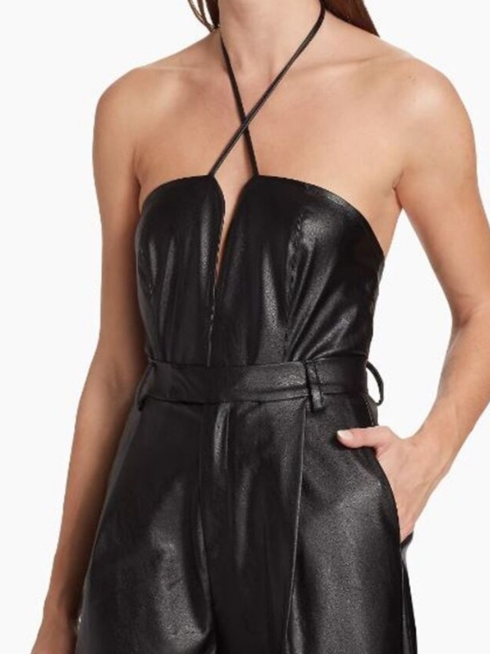 Strapless Halter Faux-Leather Bodysuit in Black